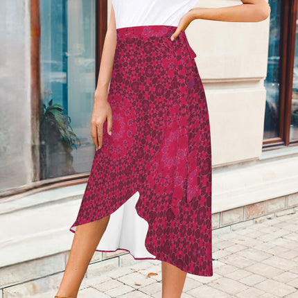 Tie Waist Wrap Skirt Red Leaves Geometric