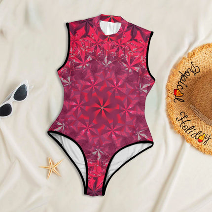 One Piece Back Zip Paddlesuit Red Hollyhocks