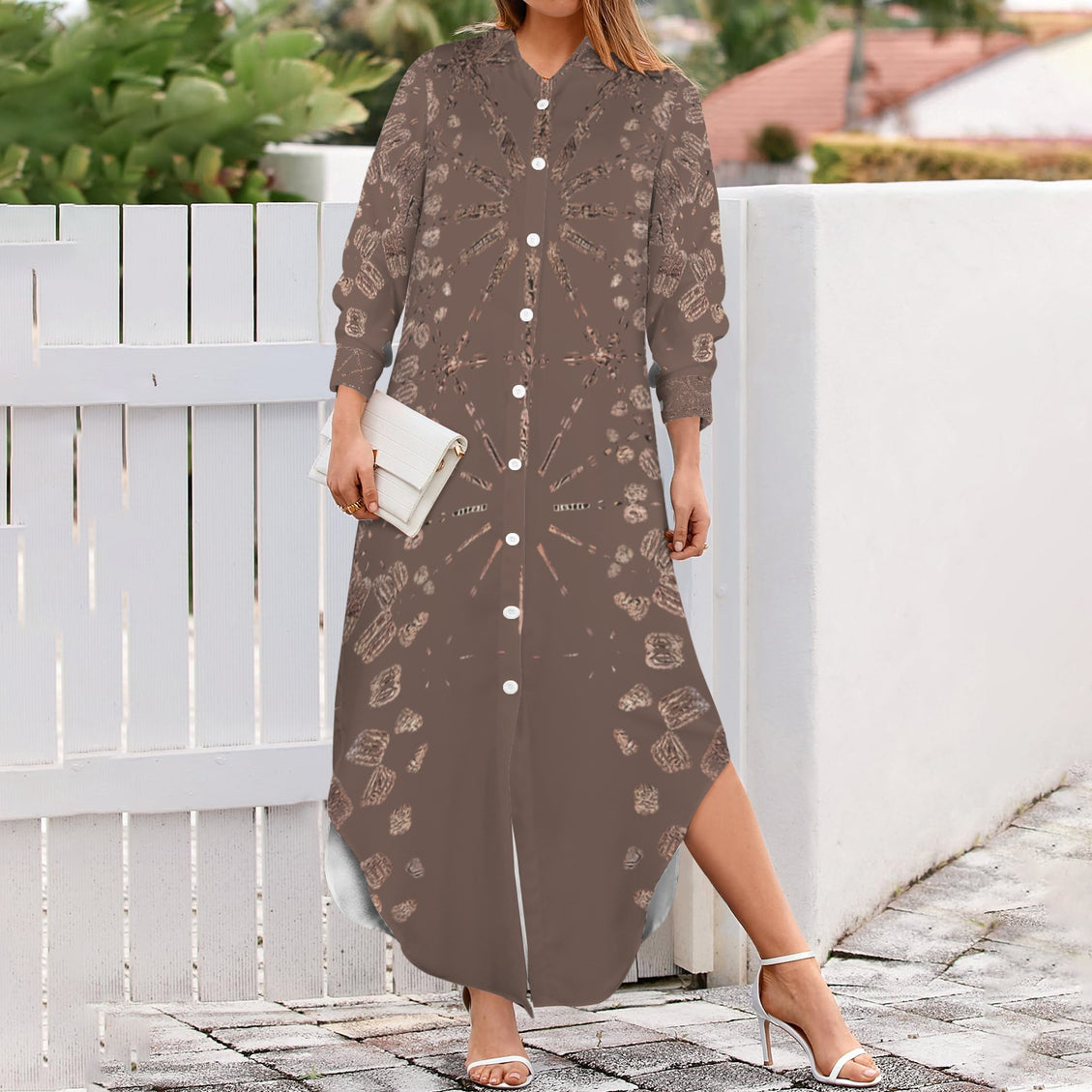 Long Sleeve Shirt Dress Coffee and Copper Graphic