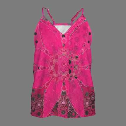 V Neck Cami Red Leaves Watercolor Fuchsia