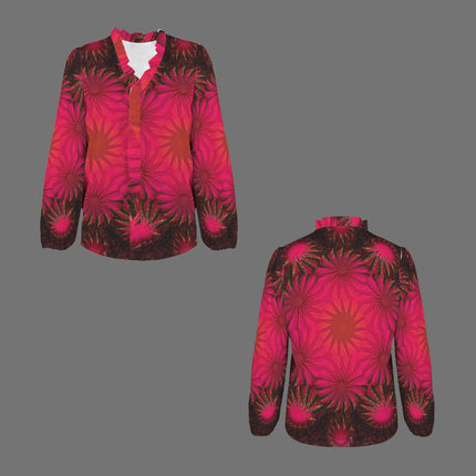 Long Sleeve Ruffled V Neck Shirt Fuchsia and Black