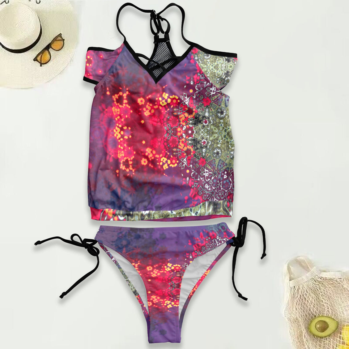 Mesh Back Tankini Festive Abstract