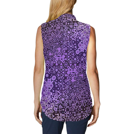 Bow Tie V Neck Sleeveless Blouse Purple and Black Abstract