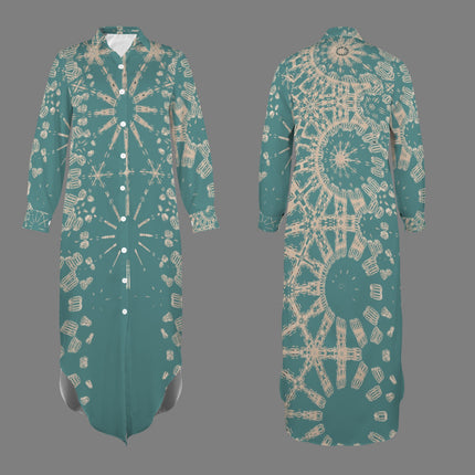 Long Sleeve Shirt Dress Taupe and Teal Graphic