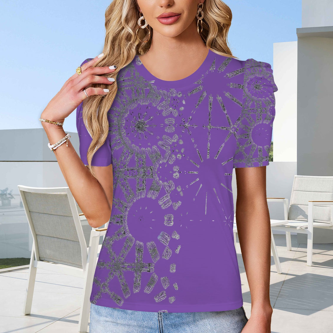 Puff Sleeve T-Shirt Purple and Silver Metallic Graphic