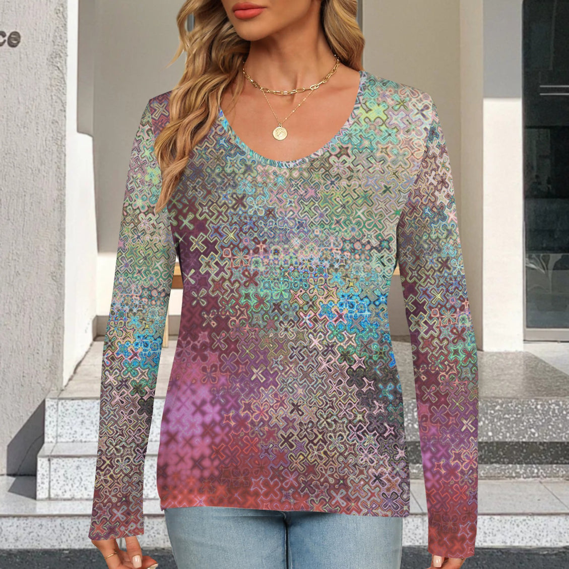 V Neck Long Sleeve Sweater Peacock Feathers Ombre