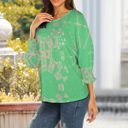 Crew Neck Pleated Half Sleeve T-Shirt Green Gold Graphic