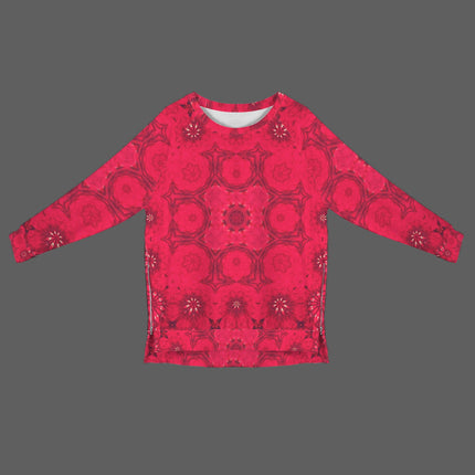 Crew Neck Long Sleeve Side Zip Sweatshirt Red Hollyhocks