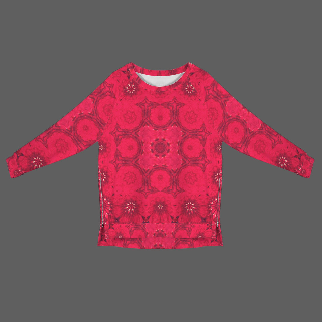 Crew Neck Long Sleeve Side Zip Sweatshirt Red Hollyhocks