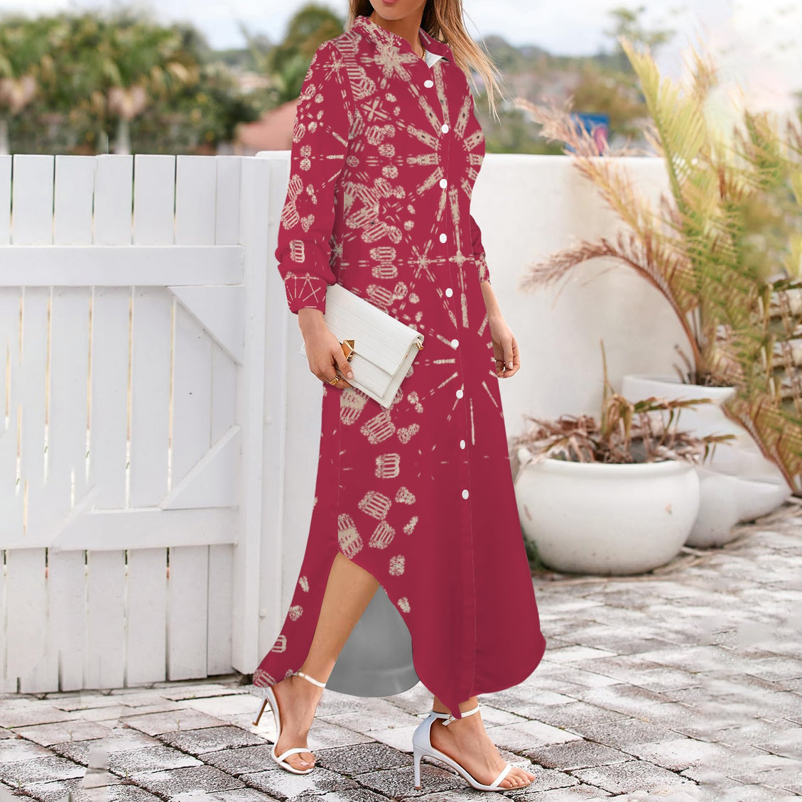 Long Sleeve Shirt Dress Red and Taupe Graphic