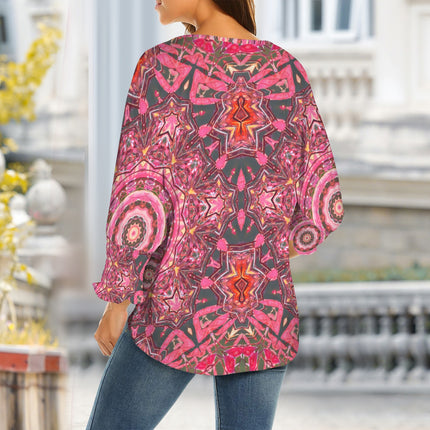 Crew Neck Pleated Sleeve T-Shirt Pink Gray Medallion