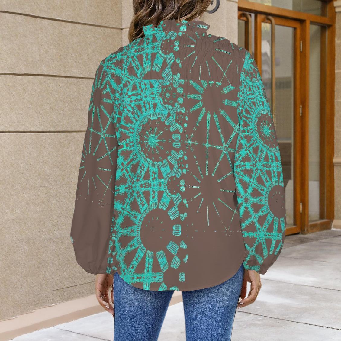 V Neck Long Sleeve Blouse Chocolate and Turquoise Graphic