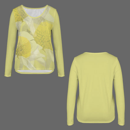 V Neck Long Sleeve Sweater Daisy Watercolor Chartreuse