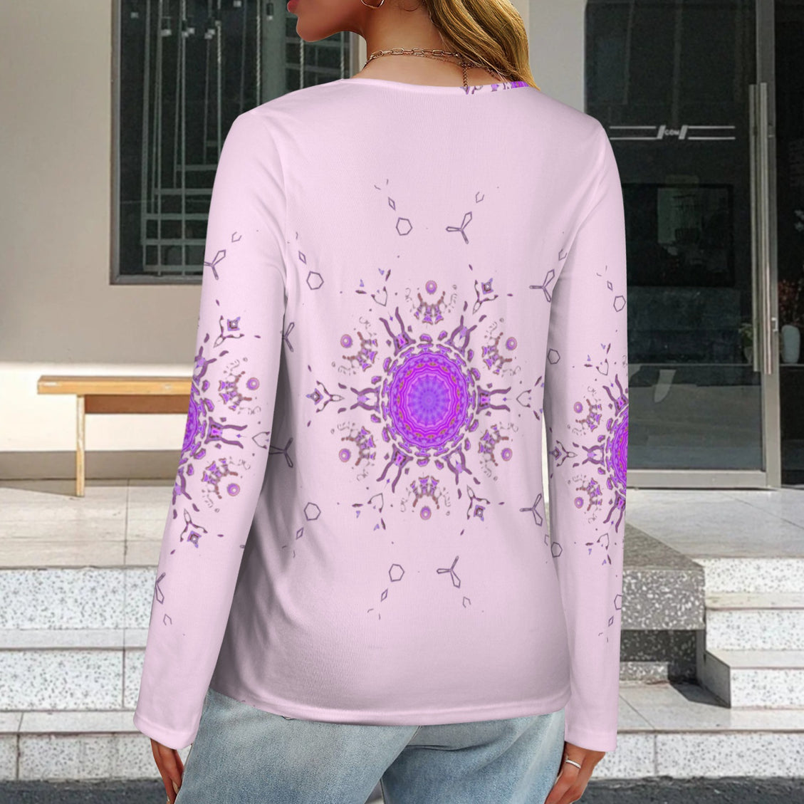 Long Sleeve V Neck Top Pink Bergamot Medallion II