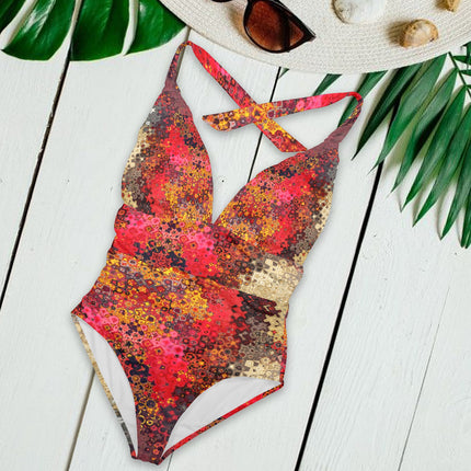 Halter V Neck One Piece Red Mosaic