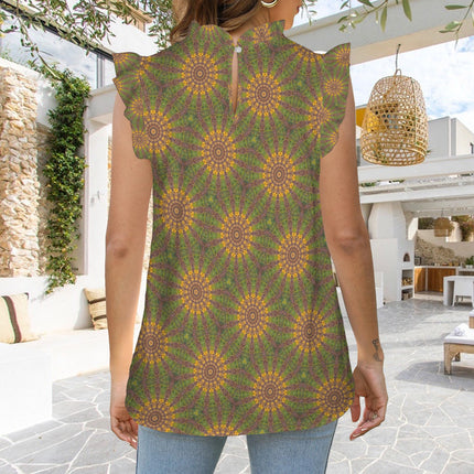 Ruffle Neck Blouse Gold Green Purple Starburst