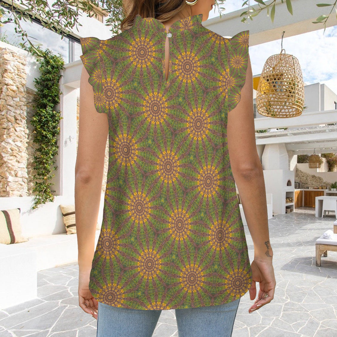 Ruffle Neck Blouse Gold Green Purple Starburst