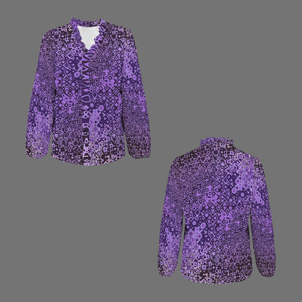 Long Sleeve V Neck Ruffled Blouse Purple and Black Abstract