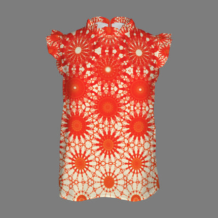 Ruffle Neck Blouse Red Orange Starburst