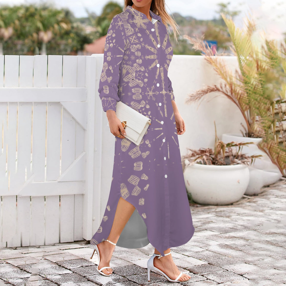 Long Sleeve Shirt Dress Taupe and Purple Graphic