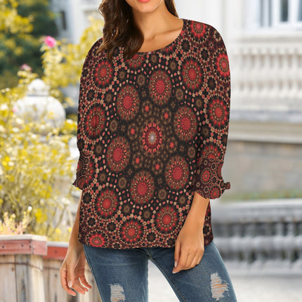 Crew Neck Pleated Sleeve T-Shirt Fall Leaves Black and Red Medallion