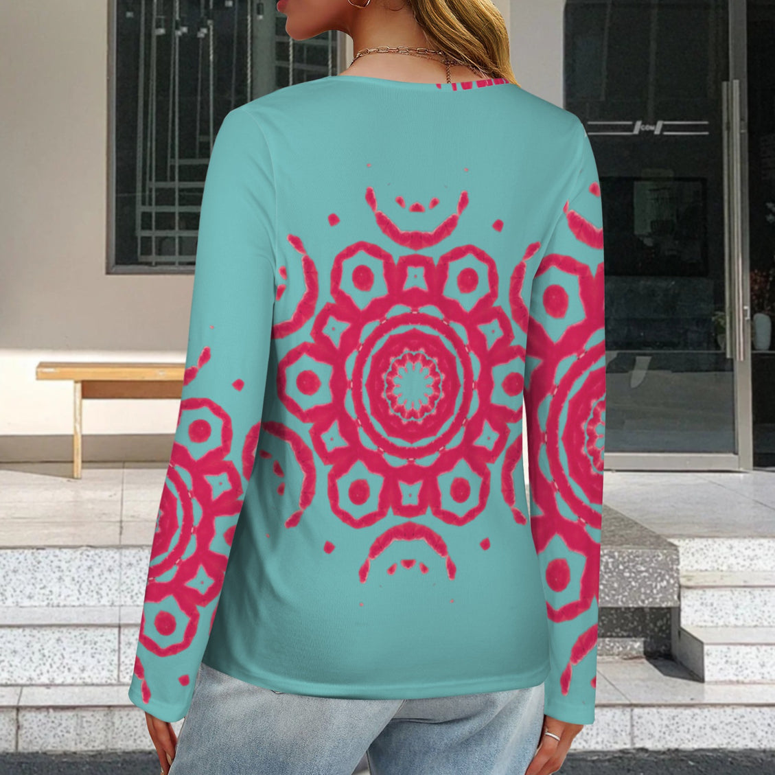 Long Sleeve V Neck Top Turquoise Red Medallion