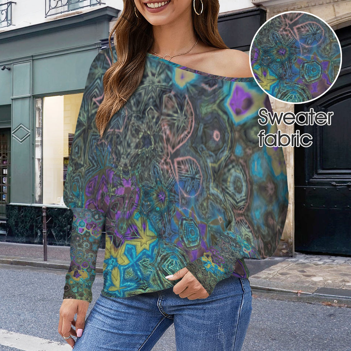 Batwing Long Sleeve Sweater Peacock Feathers Abstract