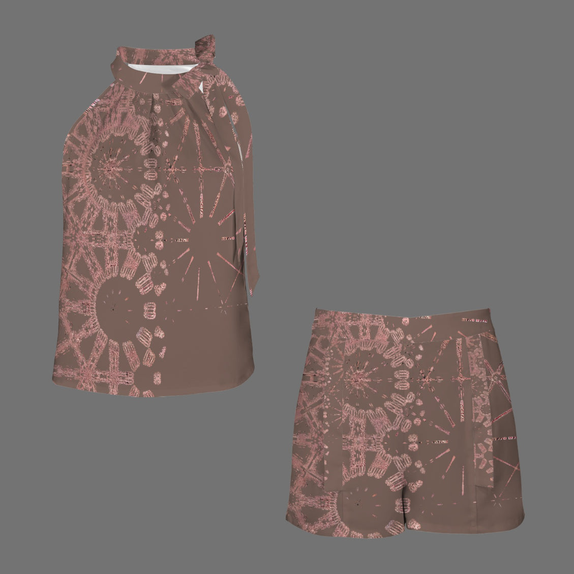 Ruched Sleeveless Tie Top and Shorts Set Chocolate and Rose Gold Graphic