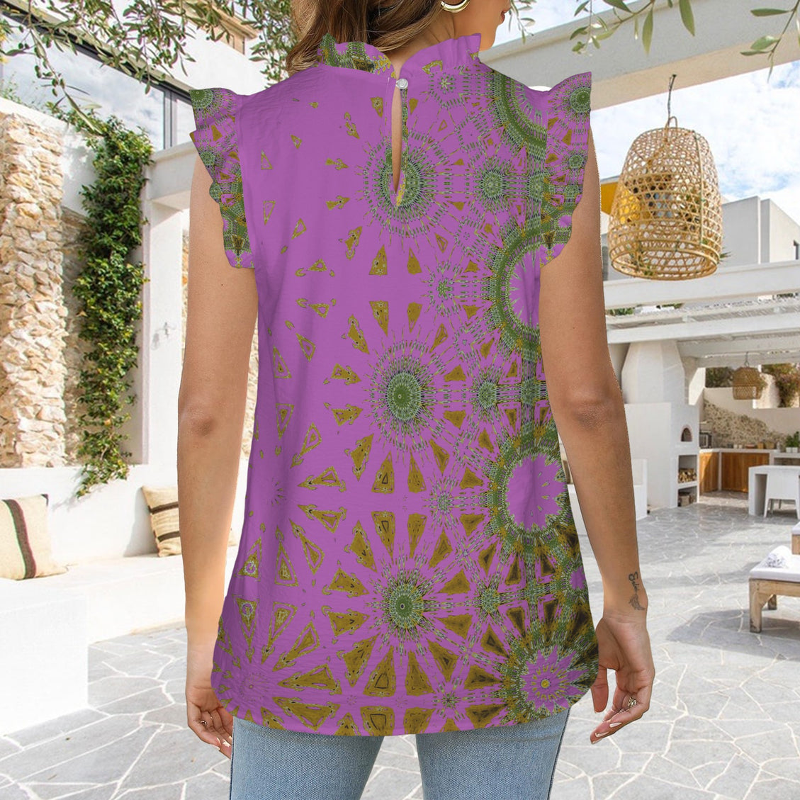 Ruffle Neck Blouse Purple Green Gold Graphic