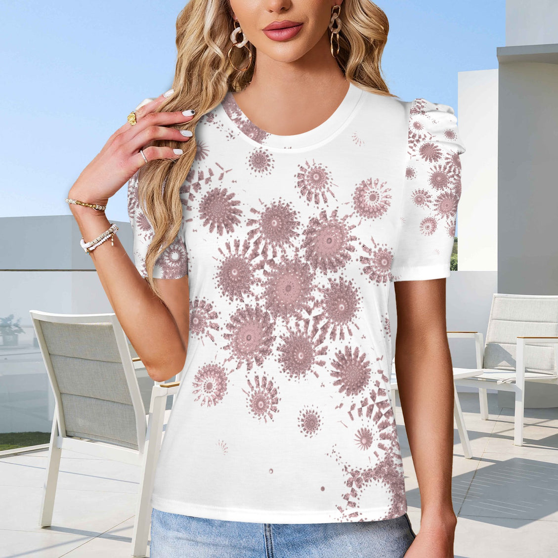 Puff Sleeve T-Shirt Burgundy Sunflower Graphic