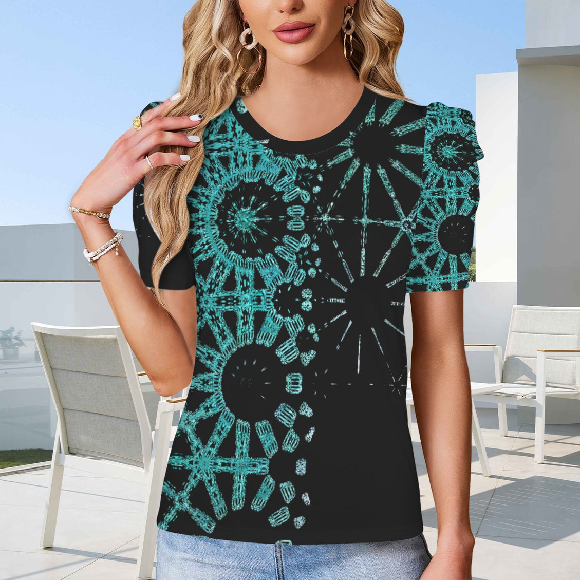 Puff Sleeve T-Shirt Turquoise Graphic