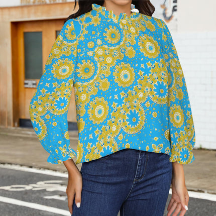 Ruffled Long Sleeve Mock Neck Blouse Blue and Gold