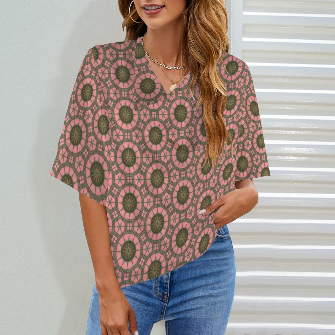 Draped Neck Blouse Carnival Tile Coral and Green