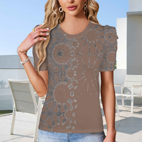 Puff Sleeve T-Shirt Brown and Silver Metallic Graphic