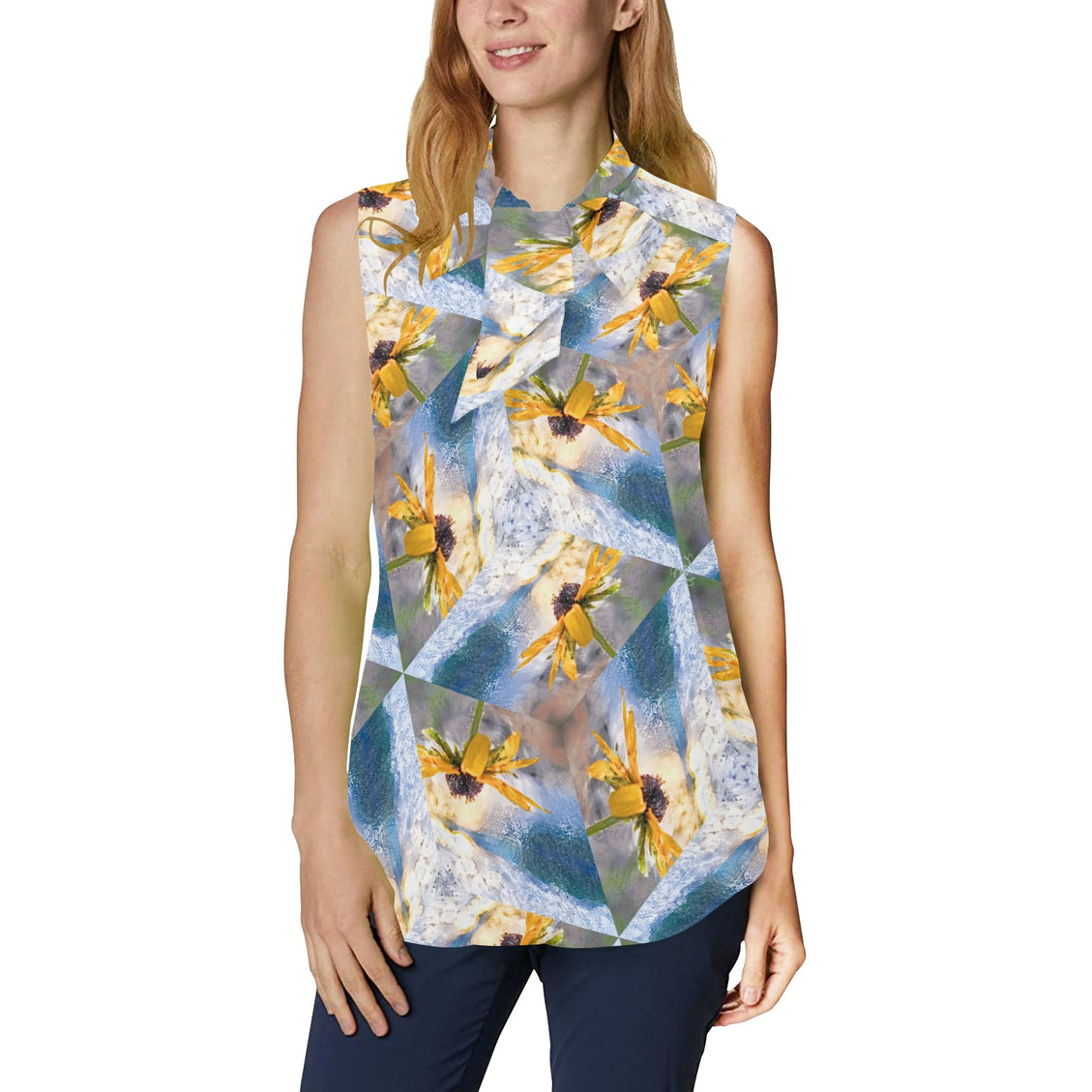 Bow Tie V Neck Sleeveless Blouse Sunflower Lakeside Sunset