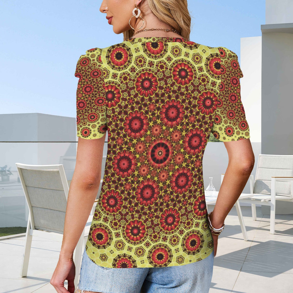 Puff Sleeve T-Shirt Fall Leaves Yellow and Red