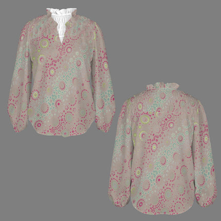 V Neck Pleated Long Sleeve Blouse Petunias Taupe Pink Blue Yellow Green