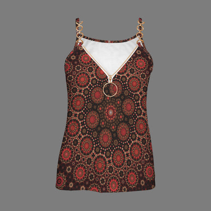 V Neck Chain Cami Red Black Gold Medallion