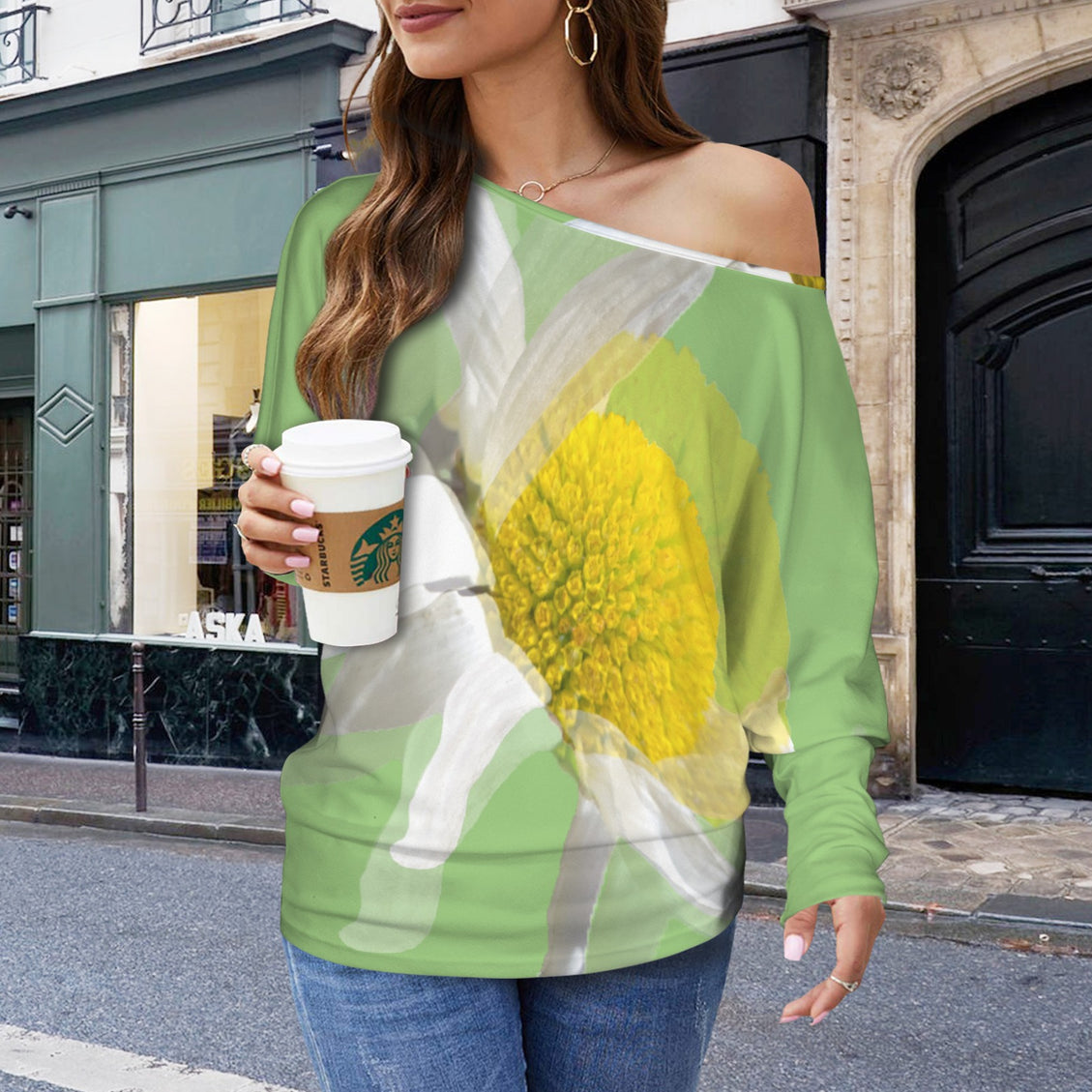 Batwing Long Sleeve Sweater Daisy Watercolor Green