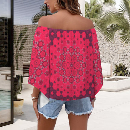 Off Shoulder Trumpet Sleeve Blouse Red Hollyhocks Geometric