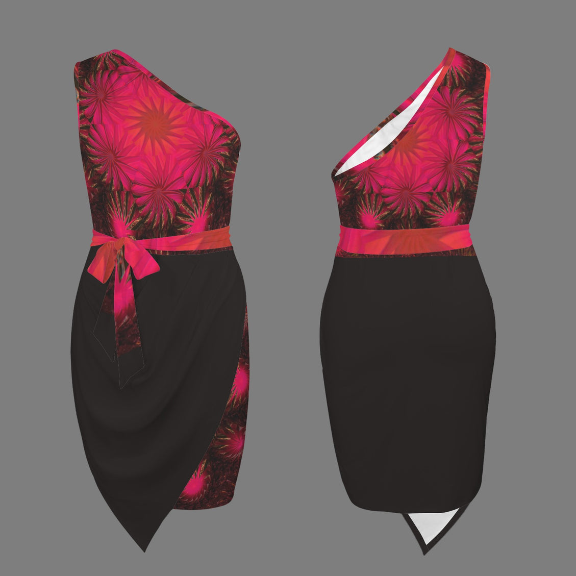 One Shoulder Ruched Dress Fuschia and Black Medallionl