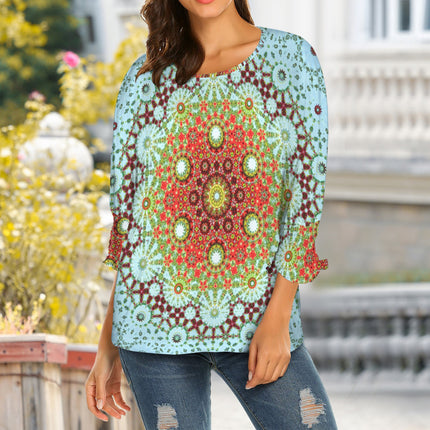 Crew Neck Pleated Sleeve T-Shirt Buffalo Berries Blue Sky Medallion