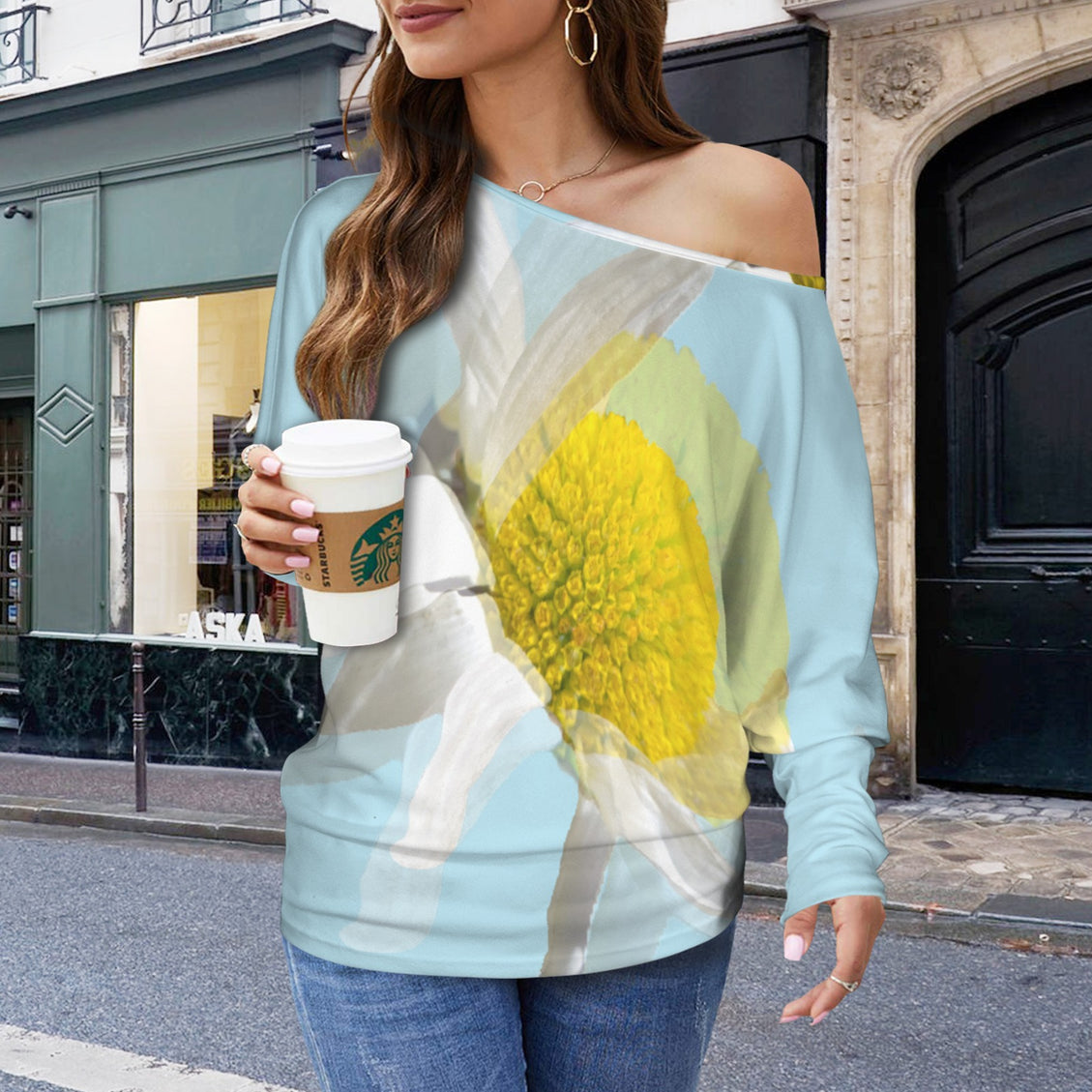 Batwing Long Sleeve Sweater Daisy Watercolor Blue