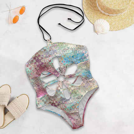 Flower One Piece Swimsuit Peacock Feathers Pink Ombre