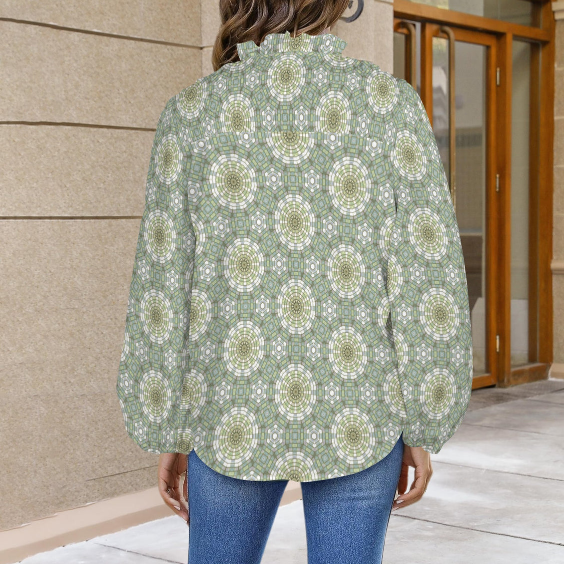 V Neck Long Sleeve Blouse Carnival Tile Green Yellow