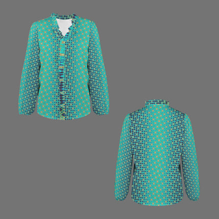 Long Sleeve V Neck Ruffle Blouse Peacock Turquoise Ombre