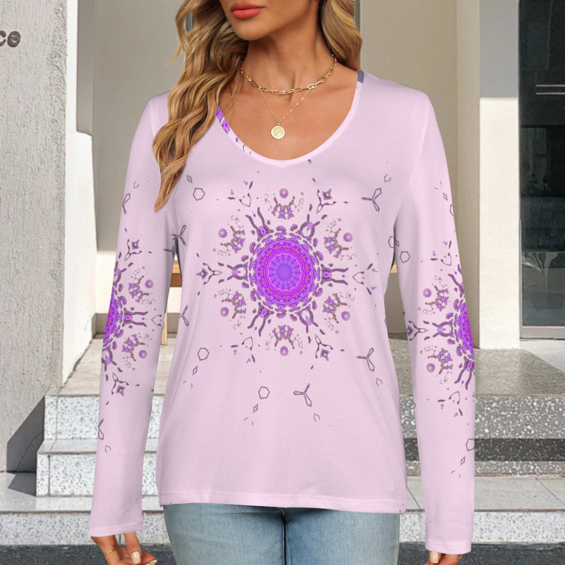 Long Sleeve V Neck Top Pink Bergamot Medallion II