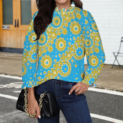 Ruffled Long Sleeve Mock Neck Blouse Blue and Gold