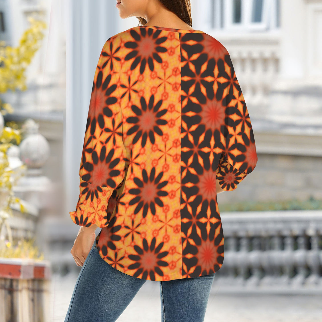 Crew Neck Pleated Sleeve T-Shirt Orange Geometric