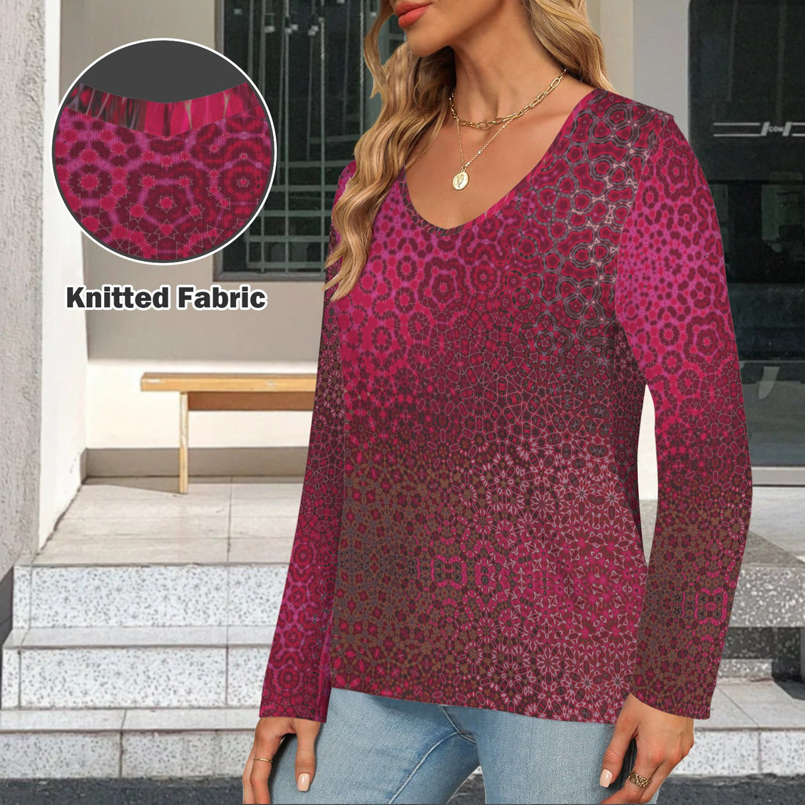 V Neck Long Sleeve Sweater Red Leaves Abstract